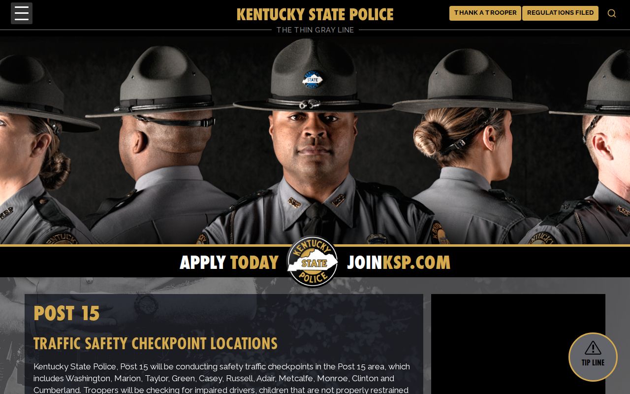 Kentucky State Police Post 15 checkpoint locations page including Casey County