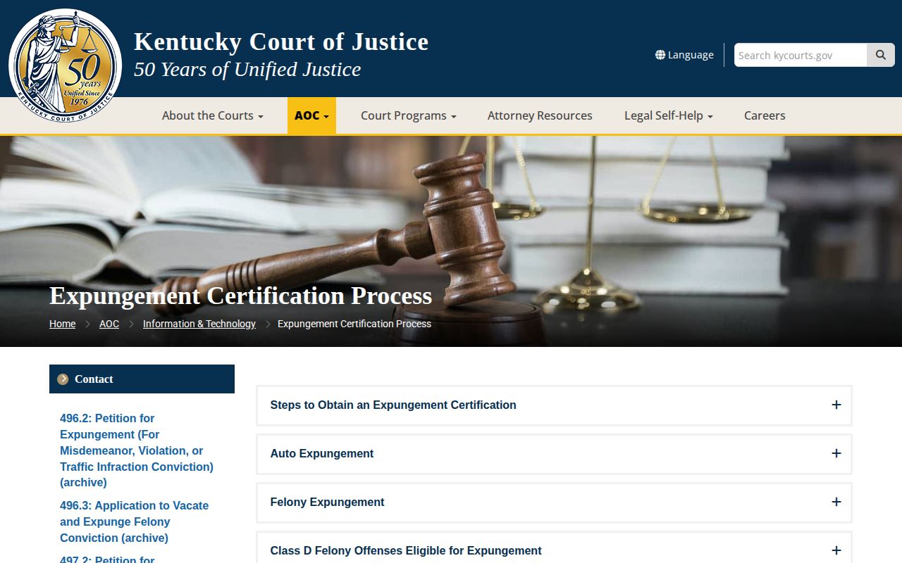 Kentucky Courts expungement information for Casey County arrest records