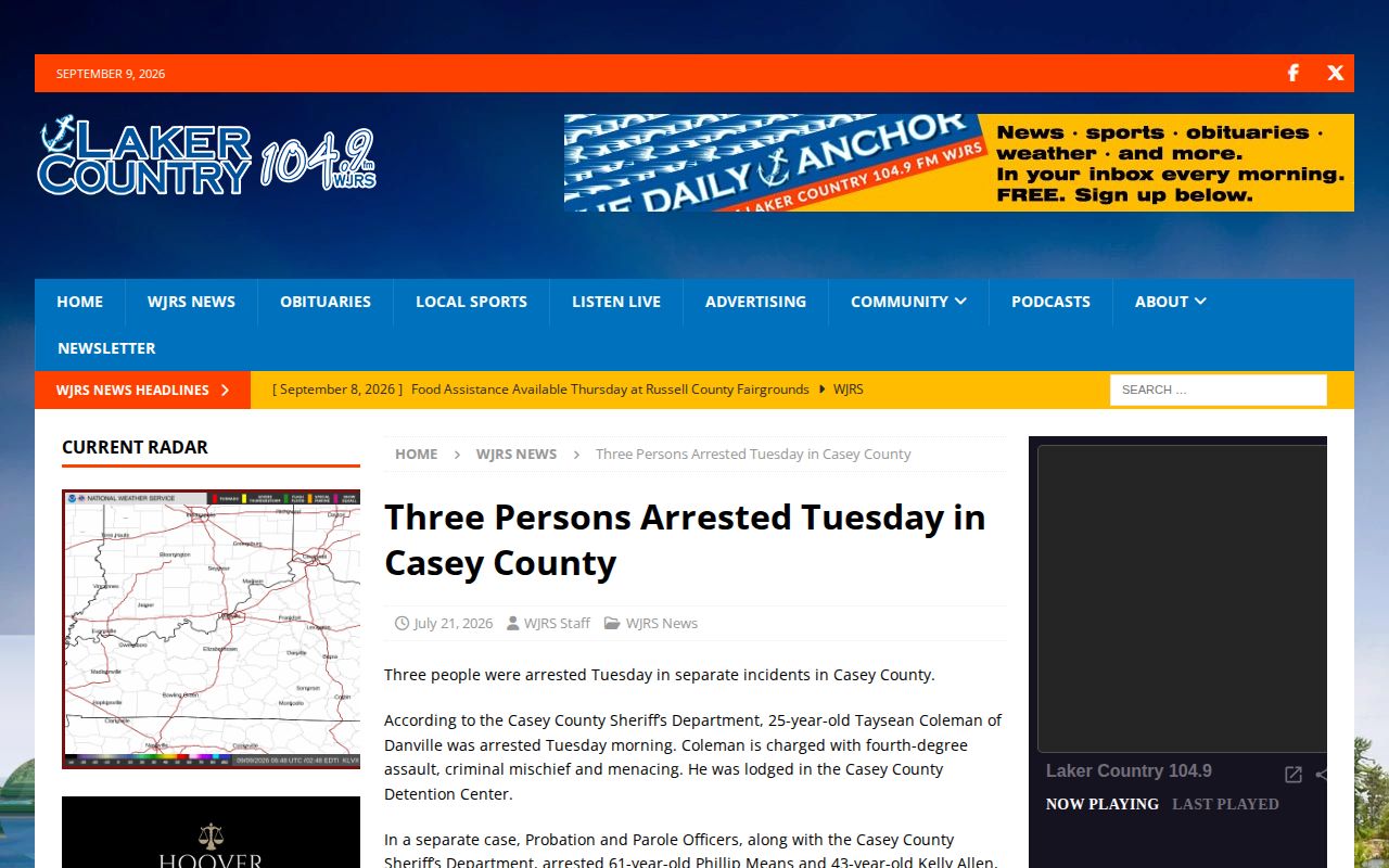 Laker Country report about selected arrests in Casey County